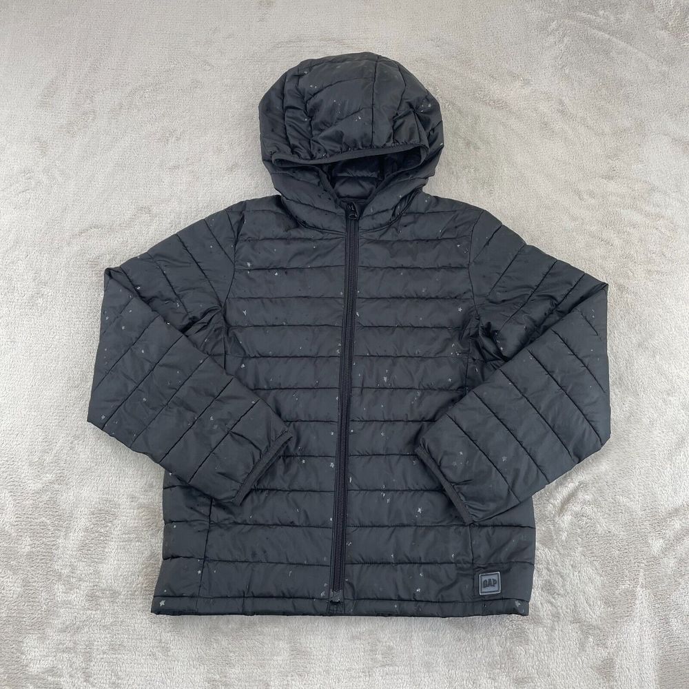 Gap Kids Cold Control Puffer Jacket Large‎ Black Star Print Hooded Full Zip Warm